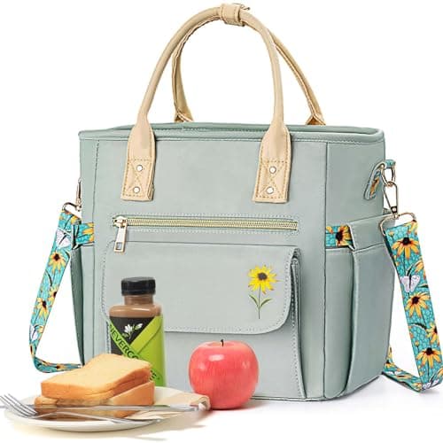 Image of Hihealer Deluxe Lunch Bag Women Mothers Day Gifts with Rare Floral Design - Large Leakproof Insulated Multi Pocket Cool Bag with Removable Strap for Work/Picnic Gifts Christmas Xmas Gifts for Women