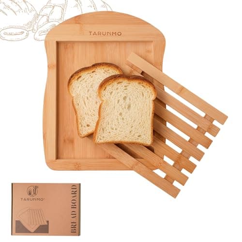 Image of TARUNMO Bamboo Bread Board with Crumb Tray - 34x26cm Premium Natural Bamboo Bread Cutting Board for Kitchen, Wooden Chopping Boards Eco-Friendly