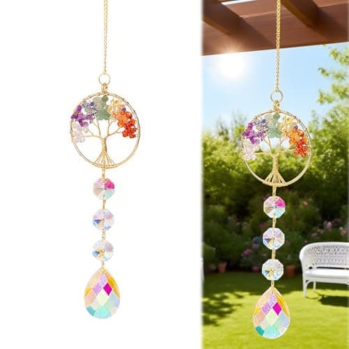 Image of AHRLIC Chakra Crystal Tree of Life Hanging Ornament with 7 Chakra Colourful Gemstones | Natural Crystal Sun Catcher for Window Garden Wall | Chakra-Inspired Ornament Gift for Women Men Friends