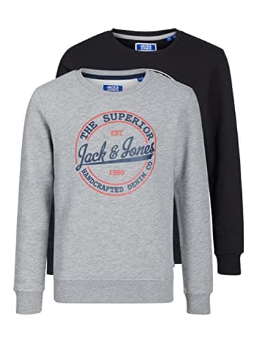 Image of JACK & JONES Boys' 2-Pack Crew Neck Sweatshirts, Black & Light Grey, Size 128 - Premium Casual Jumpers & Comfortable Everyday Pullovers