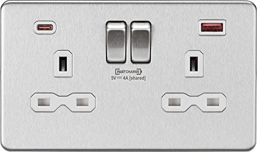 Image of Knightsbridge SFR9909 Screwless Twin Switched Socket with Dual Fastcharge USB A+C Ports in Brushed Chrome with White Insert
