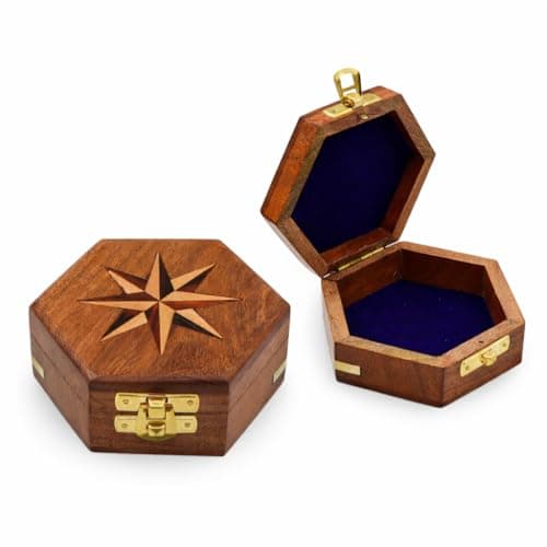 Image of DOLLOND & CO. Handmade Wooden Tree of Life Box, Brass Inlay Jewellery & Keepsake Organizer, Brown Vintage Box Crystals & Gifts, Wood Storage Box (Customisation, Hexagon With Star Box)