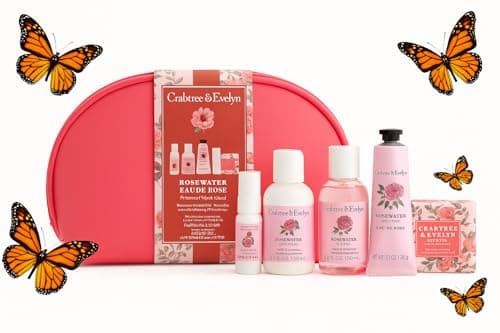 Image of Crabtree & Evelyn Rosewater Personal Travel Set (6 Pieces - (3oz) bath and shower gel (3oz) body lotion (0.9oz) hand cream (0.33oz) body mist (3.5oz) soap 1 cosmetic bag