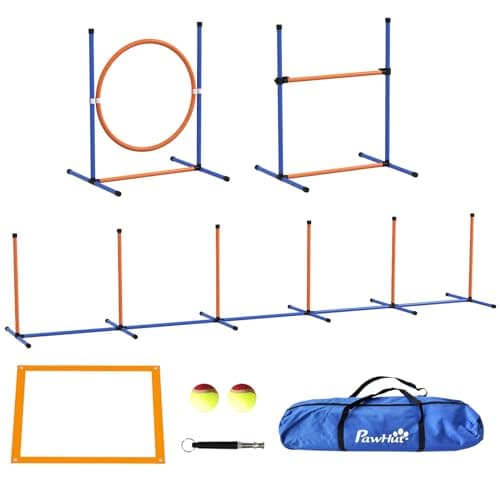 Image of PawHut Dog Agility Training Equipment, Dog Outdoor Games with Weave Poles, Jump Ring, Pause Box, Adjustable Hurdle, Pet Obstacle Course Training Set with Carry Bag, Orange