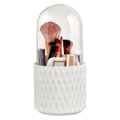 Image of Terafeels Make Up Brush Holder with Lid Rotating Organiser Storage - 360 Rotating Makeup Organizer with Dustproof Spinning Cosmetic Storage Box for Lipstick Lip Gloss Eyeliner Bathroom White 1003