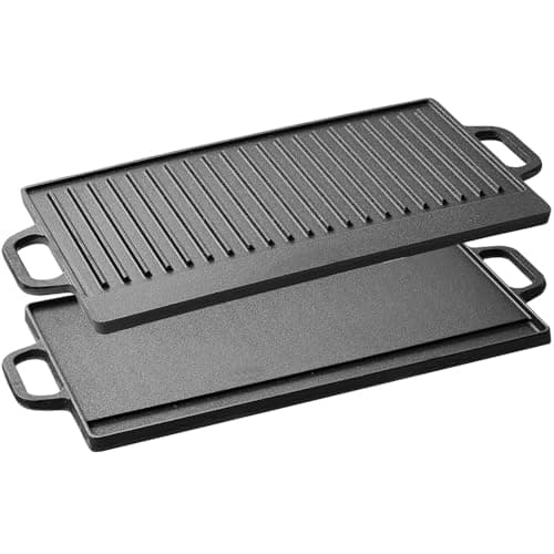 Image of Taylor & Brown X-Large Non-Stick Cast Iron Reversible Griddle Plate Pan Double Sided for BBQ & Hob Cooking with Non-Stick Ridged and Flat Surfaces and Drip Tray, 50 x 23cm