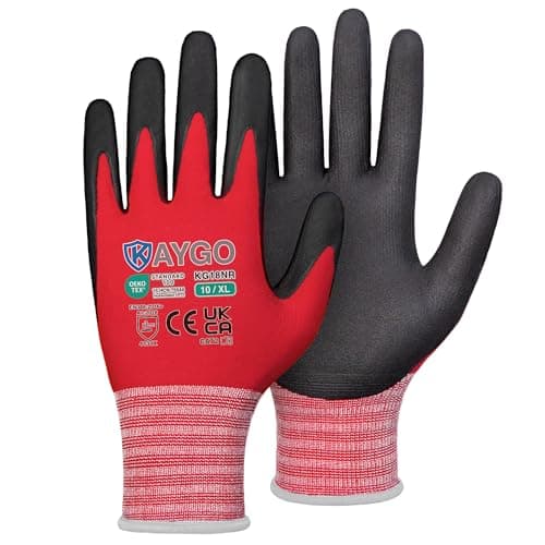 Image of KAYGO Micro Foam Nitrile Coated Work Gloves 3 Pairs, Nylon Liner, Breathable and Flexible, Light Oil Grip, for Warehouse, Construction, DIY, Auto Repair, KG18N (X-Large, Red)