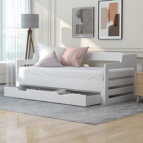 Image of BTM Daybed with Drawer 3FT 90 x 190 cm Bed Frame with Trundle and Drawer, Guest Bed, Sofa Bed, for Living Room and Bedroom, White
