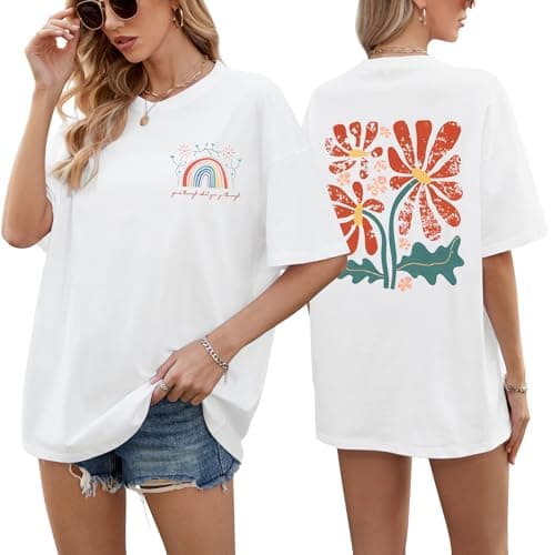 Image of heekpek Womens Oversized T Shirts Cotton Graphic T Shirt Crew Neck Baggy Tee Shirts Short Sleeve Summer Tops Double-Sided Printed T-Shirt, White, XXL