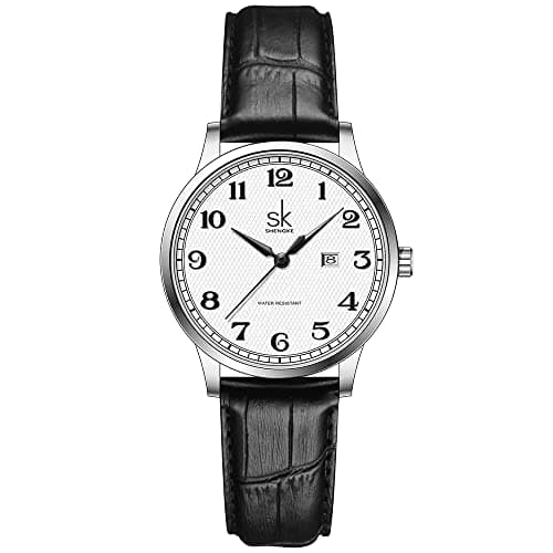 Image of SHENGKE SK Classic Business Women Watches with Stainless Steel Band and Genuine Leather Elegant Ladies Calendar Watch(Black-Leather)
