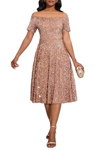 Image of IWFEV Women's Off Shoulder Short Sleeve with Pockets Skater Glitter Sparkly A-line Midi Party Cocktail Sequins Dress XXL Camel