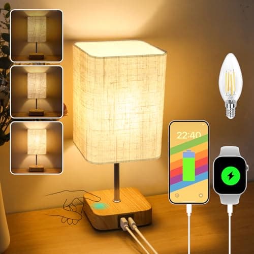 Image of Touch Bedside Table Lamp,Dimmable Touch Control Nightstand Lamps with USB-C&USB-A Charging Ports,Small Lamp Wood Base Beige Flaxen Fabric Shade for Bedroom,Living Room,Office,Dimmable Bulb Included