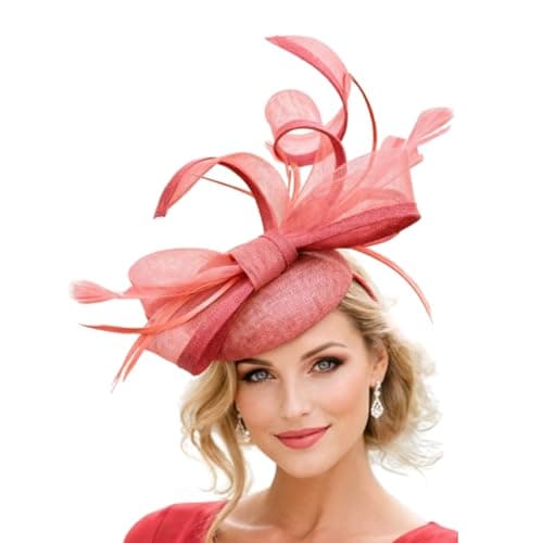 Image of Women’s Pillbox Fascinator Hat – Round Sinamay Disc with Bow & Feather Accents, Headband & Clip Fastening, Wedding, Race Day, Royal Ascot, Tea Party, Formal Event Headwear (Coral)