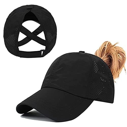 Image of Baynetin Womens Criss Cross Ponytail Baseball Cap,High Messy Bun Ponycap Quick Drying Mesh Outdoor Sports Hat with Ponytail Hole Adjustable Travel Summer Hat (Black, One Size)