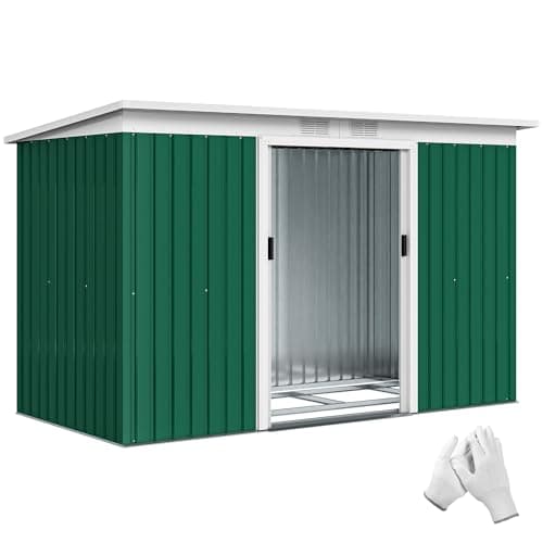 Image of Outsunny 9ft x 4ft Metal Garden Shed, Waterproof Outdoor Bike Storage Shed Galvanised with Foundation Kit, Vents, Apex Roof and Lockable Double Doors for Patio Yard, Deep Green