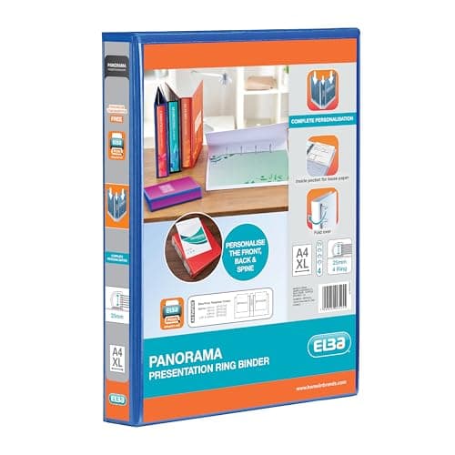 Image of Elba A4 4 D-Ring Binder, 25mm capacity, 40mm spine, Presentation Folder with Customisable Cover, Portrait, Blue (Single)