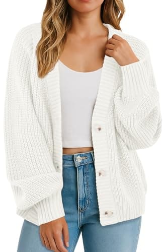 Image of GRECERELLE Women's Cardigans Soft Long Sleeves Jumpers Ladies Knit V Neck Oversized Sweater Loose Chunky Cardigan with Buttons for Women UK,Autumn,Winter, Spring (White, L)