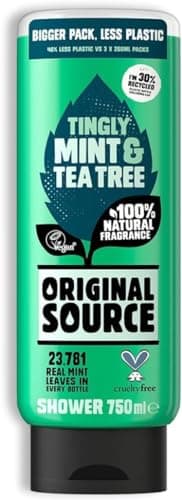 Image of Original Source Mint & Tea Tree Shower Gel, 100 Percent Natural Fragrance, Vegan, Cruelty Free, Paraben Free, Large Bottle, 750 ml