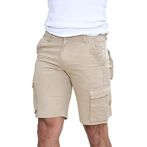 Image of WJL WHISPERING JONES LONDON Mens Classic Fit Cargo Shorts Utility Multi Pocket Cotton Combat Chino Half Pants, Beige, 40W