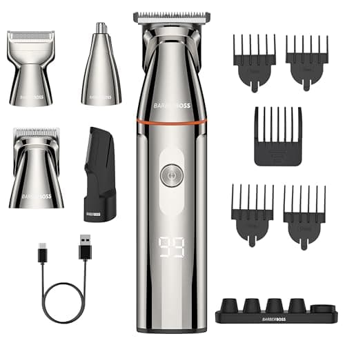 Image of BarberBoss 5-in-1 Grooming Kit for Men, Beard Trimmer Men, Waterproof Hair Clippers with Nose Trimmer, Body Groomer, USB-C Charging & LED Display