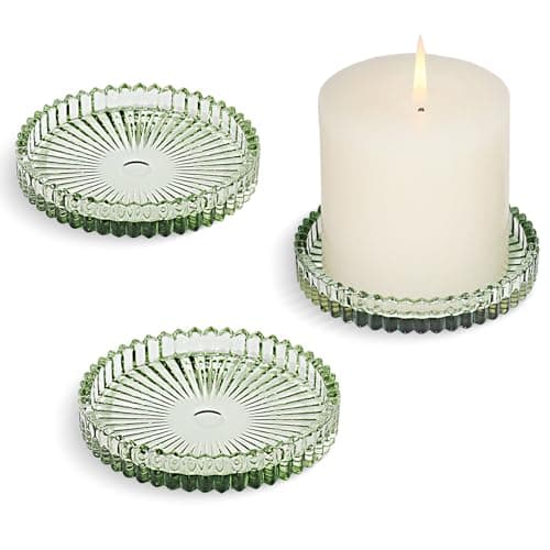 Image of HofferRuffer 3 Pack 10cm Glass Candle Plates,Round Candle Holders for Pillar Candles Tealight Candlestick Holders,Green