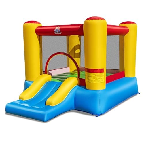 Image of COSTWAY Kids Bouncy Castle, Inflatable Bounce House with Slide, Basketball Hoop, Carrying Bag and Repair Kit, Children Blow Up Jumper for Indoor Outdoor (Basic without Blower)