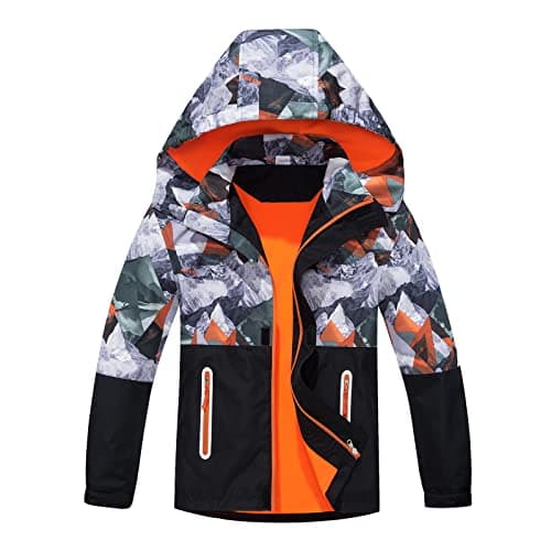 Image of BuyiRen Boys Windbreakers Jacket Rain Jackets Hooded Raincoat Fleece Lined Rain Coats for Kids, Orange Geo Camo, 7-8 Years