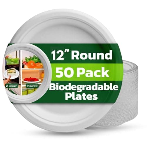 Image of Ask Packaging Strong Paper Plates (12 Inch - 50 Pack) 100% Compostable X Large Disposable Bagasse Plates - Heavy Duty Eco-Friendly Biodegradable Sugarcane Plate for Parties – Microwave & Freezer Safe
