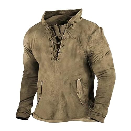 Image of JEShifangjiusu Men Casual Henley Tshirt Long Sleeve Outdoor Military Tactical Hoodie Retro Lace Up Pullover Hooded Sweatshirt, Khaki, XX-L