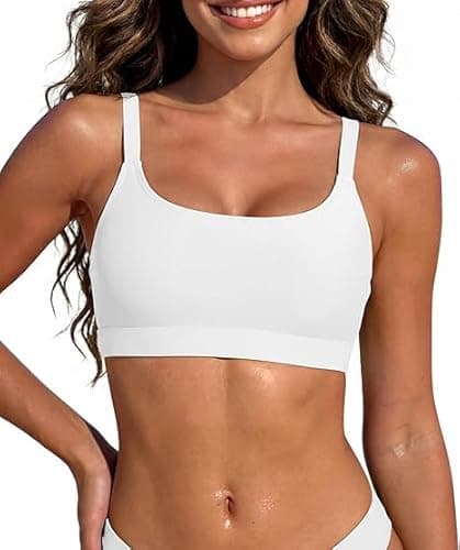 Image of Zando Bikini Tops for Women UK Adjustable Shoulder Straps White Bikini Top Sports Swim Bra Beach Bathing Suits Plain Scoop Neck Women's Bikini Tops, White-Flat, S