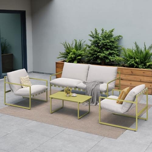 Image of Grand patio Garden Furniture Set, Outdoor Table and Chairs Set 4 with Cushions, Include 1 Coffee Table, 1 Sofa, 2 Armchairs, Balcony Furniture Sets for Backyard, Living Room (Moss Green)