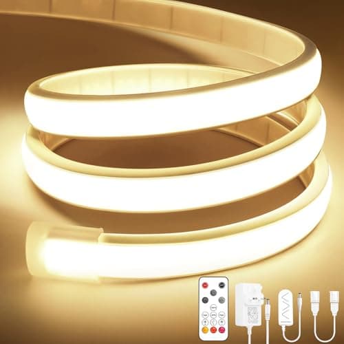 Image of Lamomo COB LED Strip Light, 5M Natural White Dimmable Led Lights Strip with Remote, Flexible Waterproof Silicone 4000K 24V Neon Rope Light for Bedroom, Kitchen, Outdoor,CRI90+, UKCA Power Supply