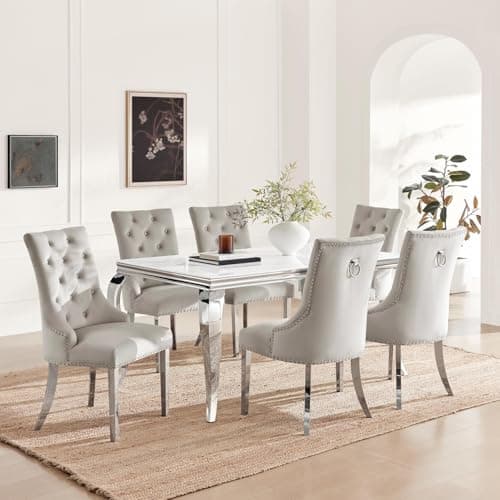 Image of Furniturebox UK Skye Rectangular White Marble Effect Dining Table & 6 Grey Velvet Belgravia Chairs