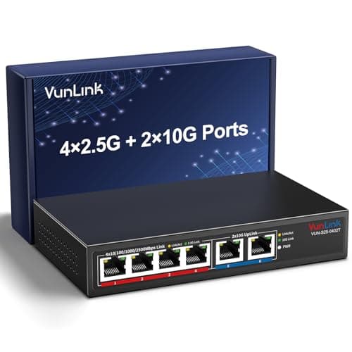 Image of VunLink 6-Port Multi-Gigabit Ethernet Switch, 4×2.5G + 2×10G High-Speed Ports, Unmanaged 10G/2.5G Network Switch for Home & Office, Plug & Play, Desktop/Wall-Mount, Silent Fanless Metal Design