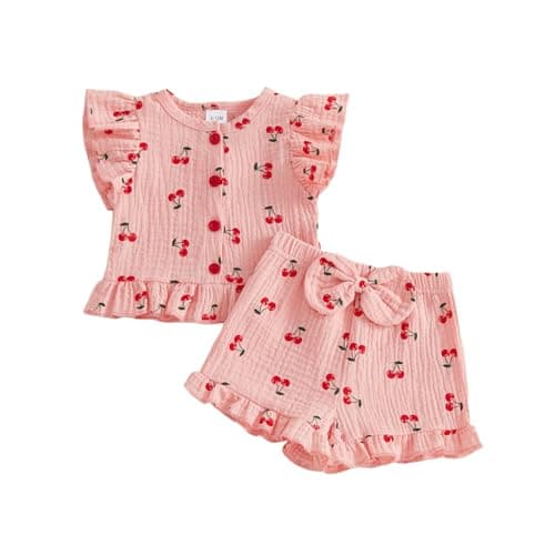 Image of XIXIMAON Baby Girl Summer 2 Piece Cotton Linen Shorts Set Cherry Print Flying Sleeve Crew Neck Button Down Shirt Tank Tops Bow Ruffle Shorts Set Toddler Girl Cute Outfits (Pink, 12-18 Months)
