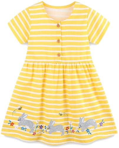 Image of Langubaby Summer Dresses for Girls Flower Button Dress Casual Short Sleeve Cotton Little Kids Clothes Age 1-7 Years (2-3 Years, Stripe Rabbits)