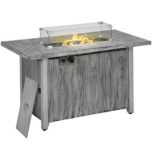 Image of Outsunny Propane Gas Fire Pit Table for Garden, 50000 BTU Smokeless Firepit Outdoor Patio Heater with Waterproof Cover, Glass Screen, Glass Beads and Lid, Wood Effect, 109 x 56 x 63cm, Grey