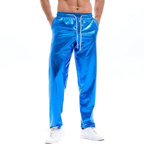 Image of Amy Coulee Men's Shiny Metallic Trousers Night Club Disco Trousers, blue, L