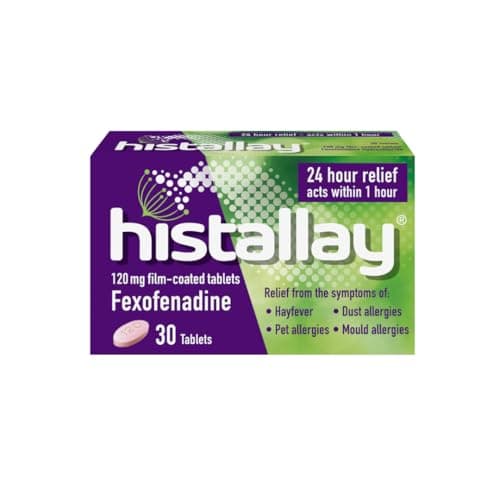 Image of Histallay Hayfever & Allergy Relief Tablets, 30 Tablets, 120mg Fexofenadine, Antihistamine 24hr Relief, Acts Within 1hr, Relieves Hayfever, Pet, Dust and Mould Allergies