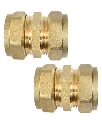 Image of 22mm Brass Compression Coupler Straight for Copper, Plastic Pipe WRAS & BS Approved for Hot Cold Water Heating Cooling (Pack of 2)