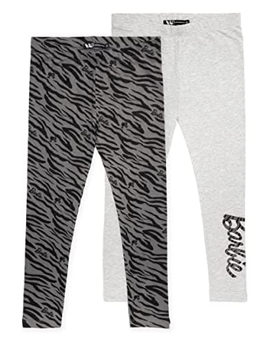 Image of Barbie Leggings 2 Pack Girls | Kids Zebra Animal Print Black Grey Trousers with Elasticated Waist | Presents for Her 3-4 Years