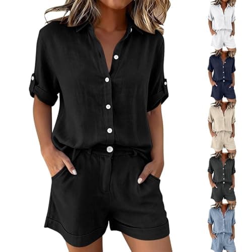 Image of Lounge Wear Sets for Women UK Button Down Linen Shirt and Wide Leg Shorts with Pockets Petite Loose Lightweight Summer Beach Wear Sets for Vacation Office Easy to Style S-2XL Black