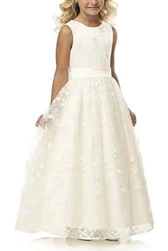 Image of A line Wedding Pageant Lace Flower Girl Dress with Belt 2-12 Year Old (Ivory,10-11Y)