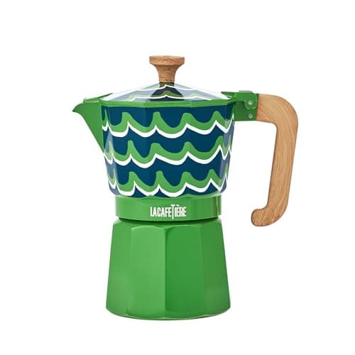 Image of La Cafetière Venice 6 Cup Espresso Maker, 290ml Aluminium Stovetop Coffee Maker with Swirl Design, Gas and Electric Hob Moka Pot with Wooden Handle, Cyan Tides