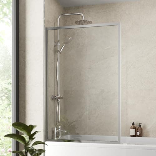 Image of Luxura® 800 x 1400mm Chrome Over Bath Shower Screen Fixed Door Glass Panels & Screens for Baths, Bathroom Framed Square Design, 6mm Toughened Safety Glass