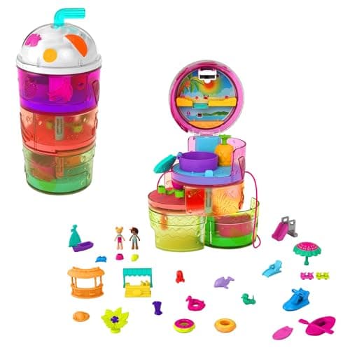 Image of Polly Pocket Spin ‘n Surprise Compact Playset, Tropical Smoothie Shape, Waterpark Theme, 3 Floors, 25 Surprise Accessories Including Polly & Shani Dolls, Great Gift for Ages 4 Years Old & Up, HFP99
