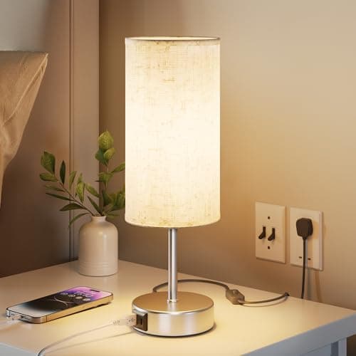 Image of UPXNBOR Bedside Lamps, Table Lamp for Bedroom/Living Room/Study Room/Office with USB A+C Charging Ports, Reading Light, Desk Lamp, 1.5m Cable, Linen Fabric Shade, Silver Metal Base (E27 Bulb Incl.)