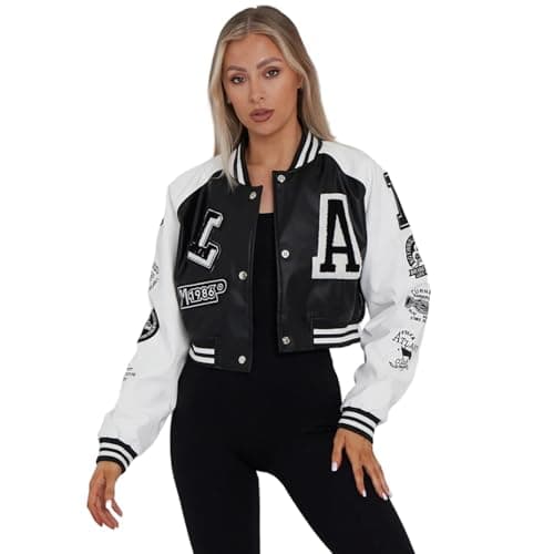 Image of janisramone® Cropped Leather Jacket for Women With Letter Details on Arms and Front, Faux Leather Varsity Baseball Bomber Jacket Women for Sports and Casual Wear