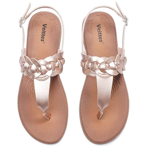 Image of Veittes Women's Casual Flat Slide Sandals - Comfortable Slip-On with Ankle Strap,Round Open Toe lightweight Summer Beach Thong Sandals.(GD/MF,Size 7.5)