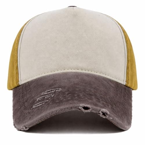 Image of MFAZ Morefaz Ltd Vintage Cotton 5-Panel Baseball Cap Trendy Distressed Look with Strapback Adjustment – Comfortable Everyday Hat (Mustard- Brown)